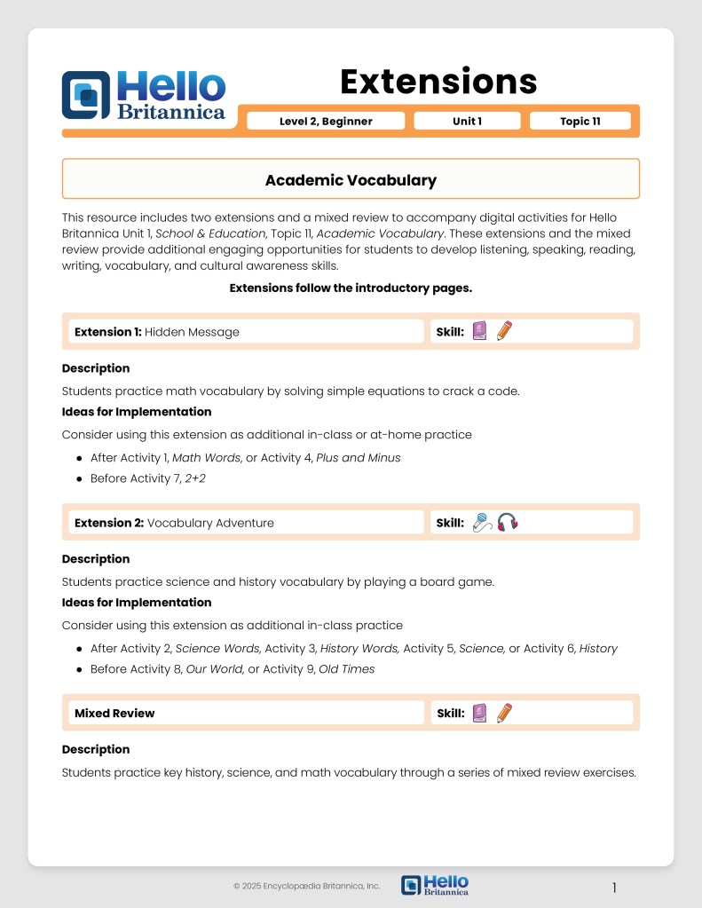Page 1 of an Extension packet of activities for the Hello Britannica app.